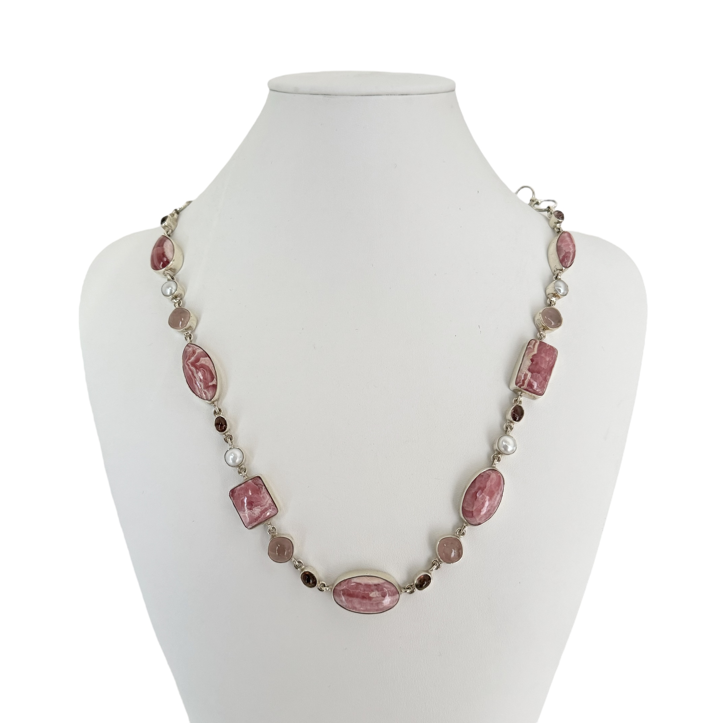 Rhodochrosite, Rose Quartz & Pearl Necklace – Sterling Silver