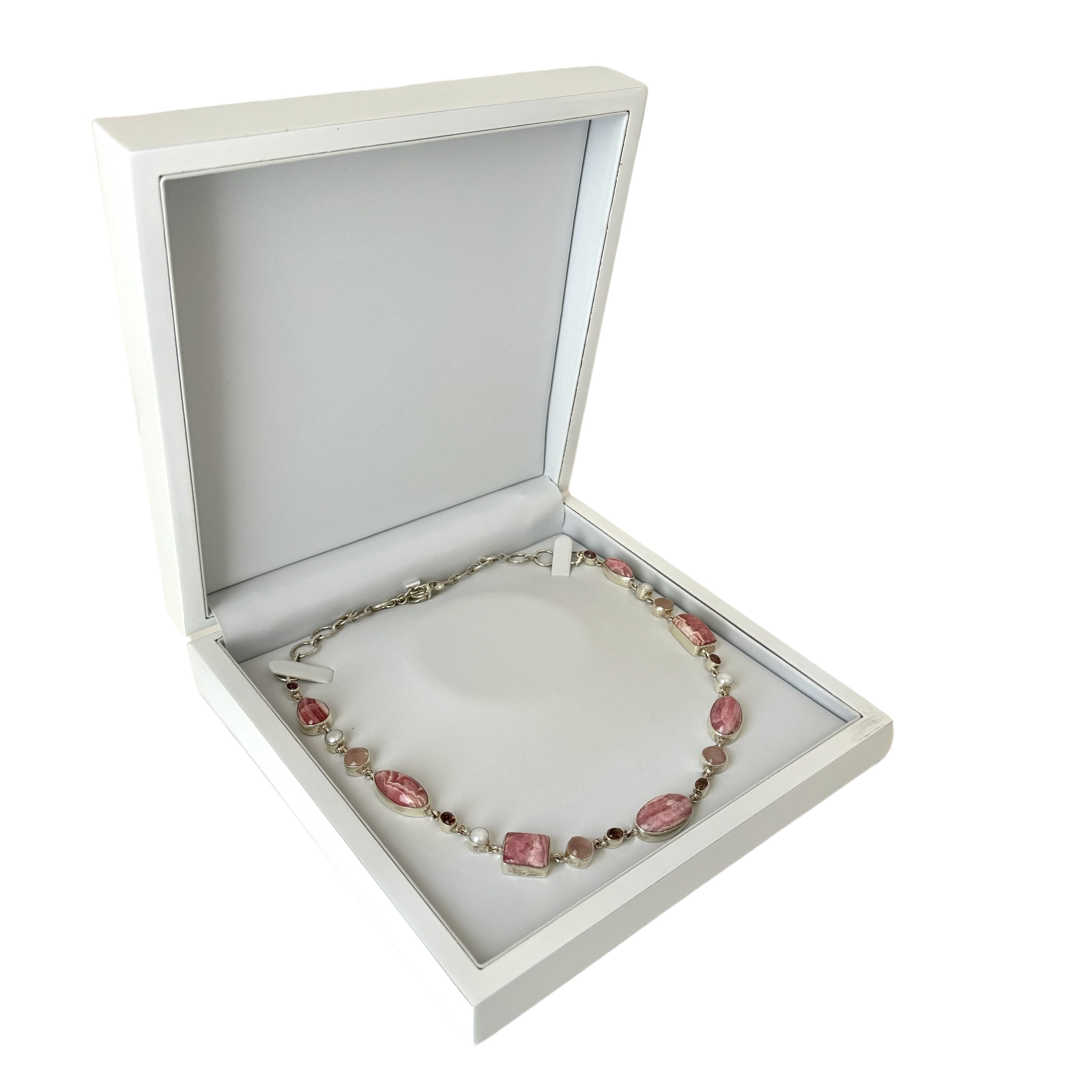 Rhodochrosite, Rose Quartz & Pearl Necklace – Sterling Silver - Image 2